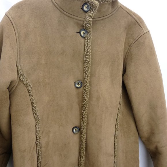 LL Bean Womens Jacket Coat Faux Suede Sherpa Lined Brown Pockets Warm Medium - Picture 9 of 13